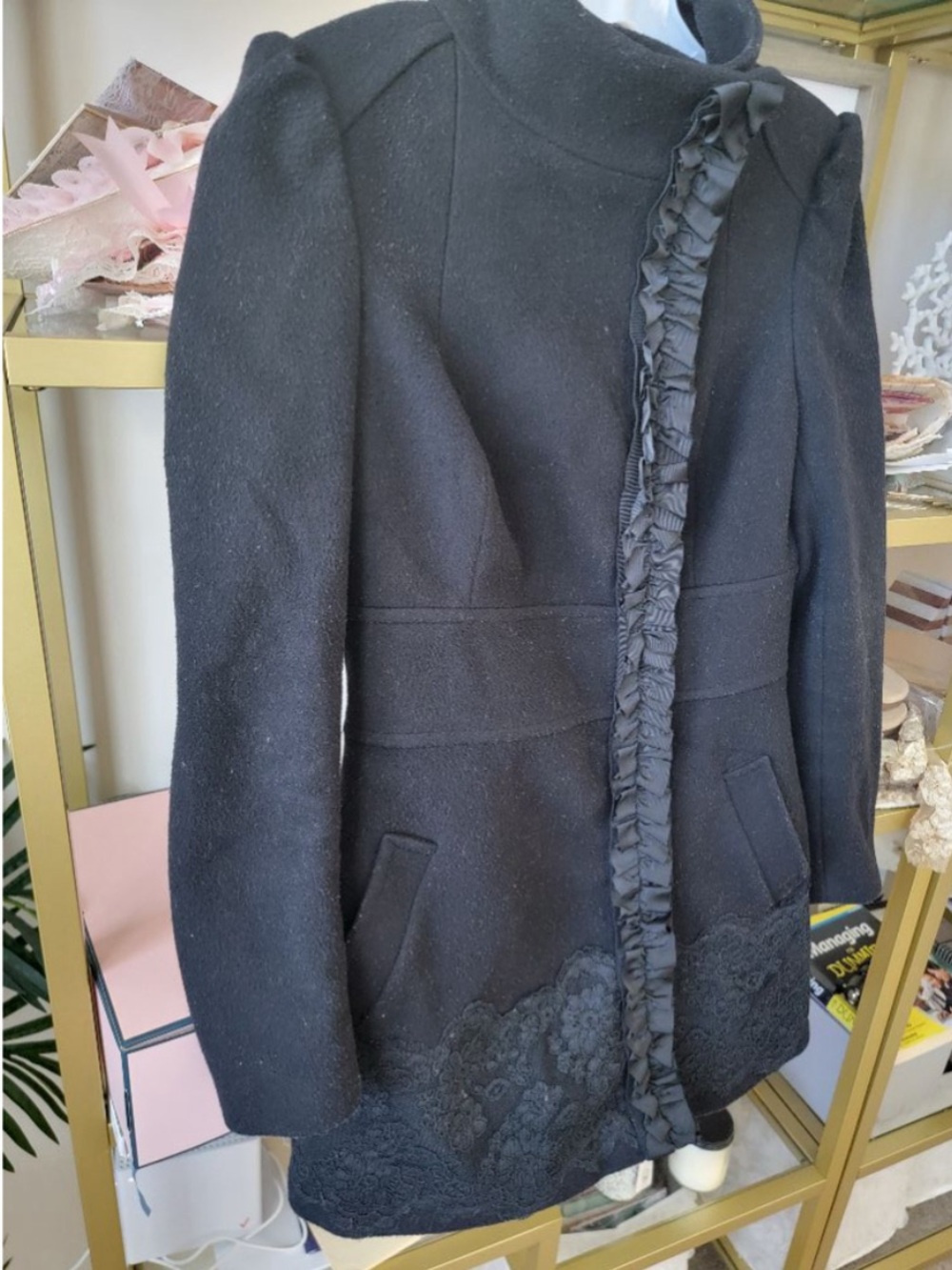 bebe Black Ruffle-Trim Wool Blend Coat